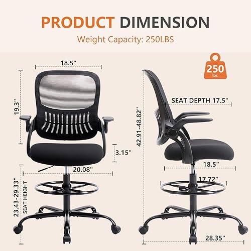 Miniatura 3 de Sweetcrispy Silla alta de escritorio de dibujo, taburete alto ergonómico con altura ajustable y cómodo soporte lumbar, mostrador rodante de oficina