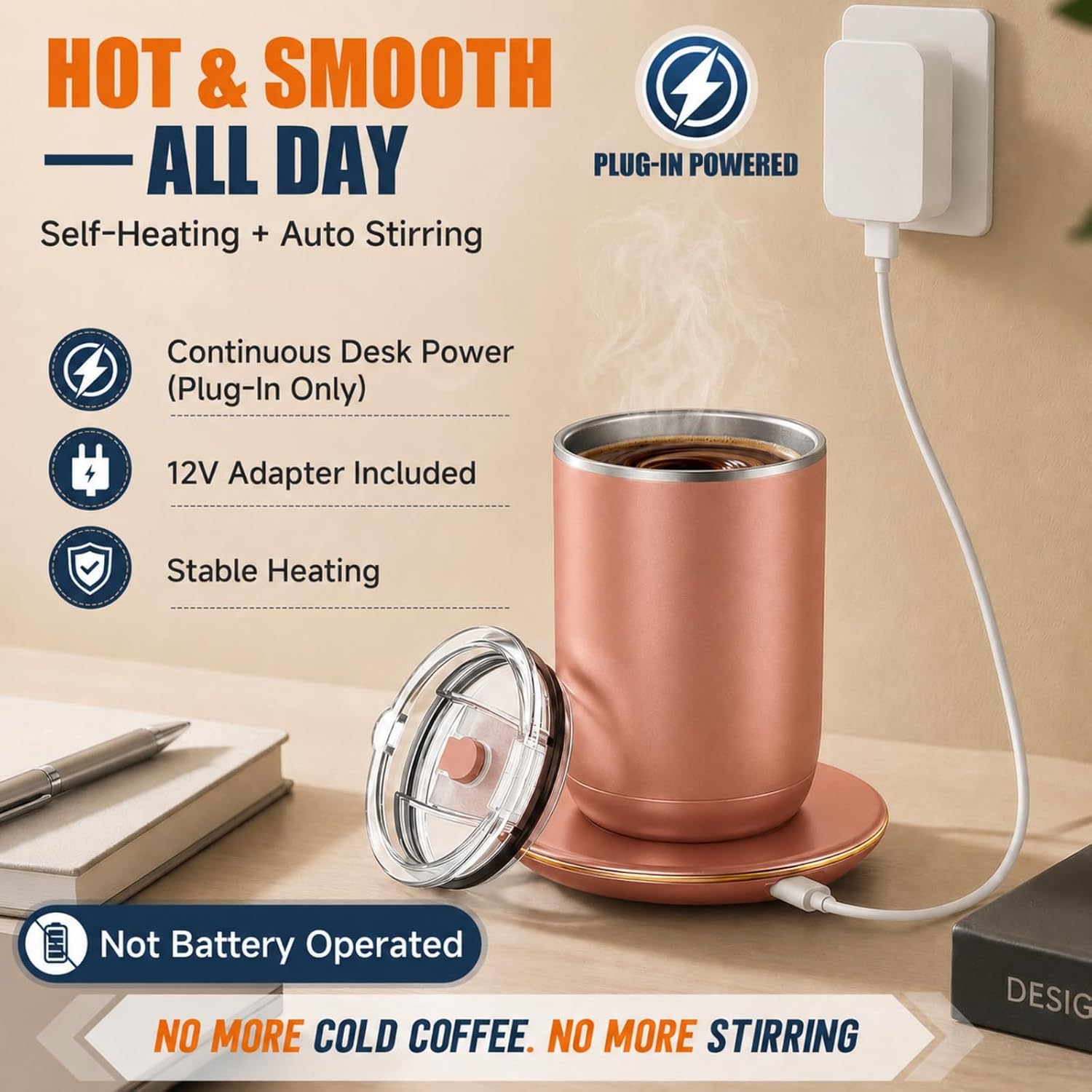 Self Heated Stirring Mugs Set of 2, 10oz Cups with Warmer, Black & Rose image 4