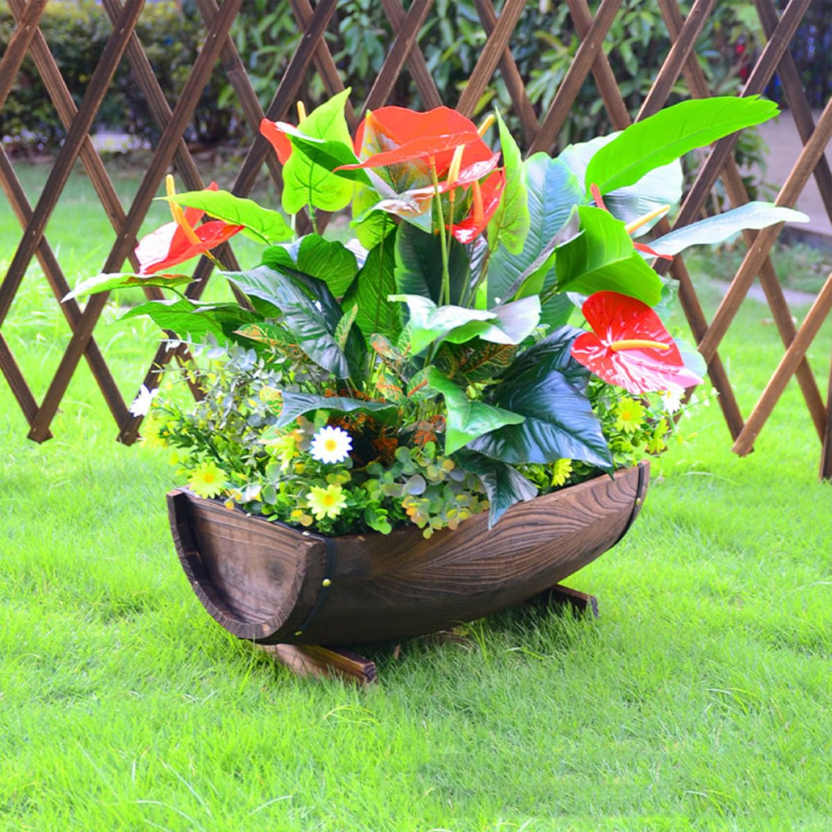 Tofficu Rustikaler Blumentopf Halbes Fass mit Sockel Vielseitig Verwendbar für Garten und Dekoration in Kaffee Farbe für Sukkulenten und Pflanzen