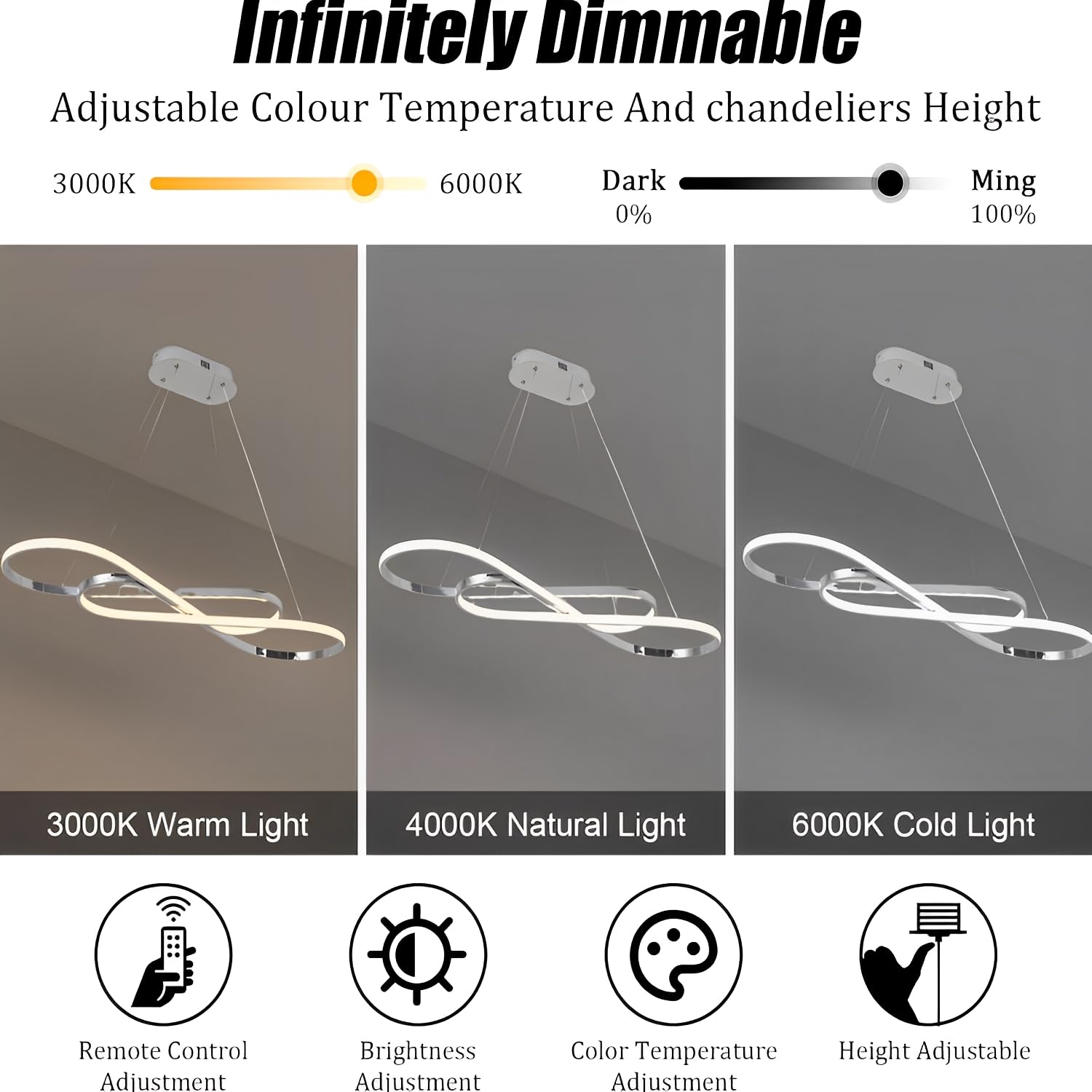 57W Lampada a Sospensione LED, Design Surround Doppio 8, Cromato | Lampadario LED Dimmerabile, Plafoniera con Telecomando, Lampadari Altezza Regolabile, Per Tavolo da Pranzo, Soggiorno, Cucina