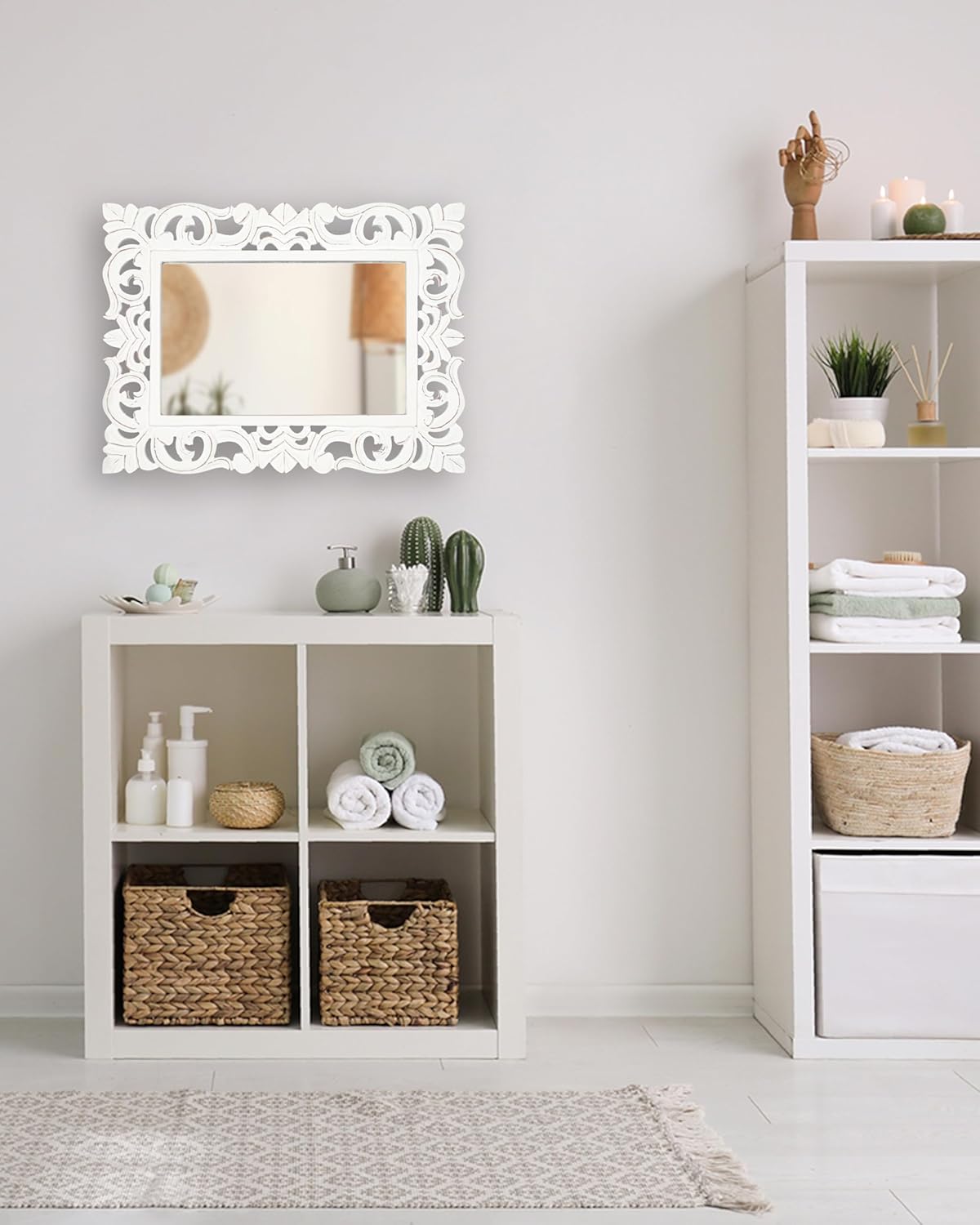 Lightnpro Hand Carved Rectangular Wall Mirror - 18×24 Inch Rustic Farmhouse Wood Frame with Antique White Finish - Vintage Boho Decorative Accent Mirror for Bathroom, Entryway, Bedroom & Living Room