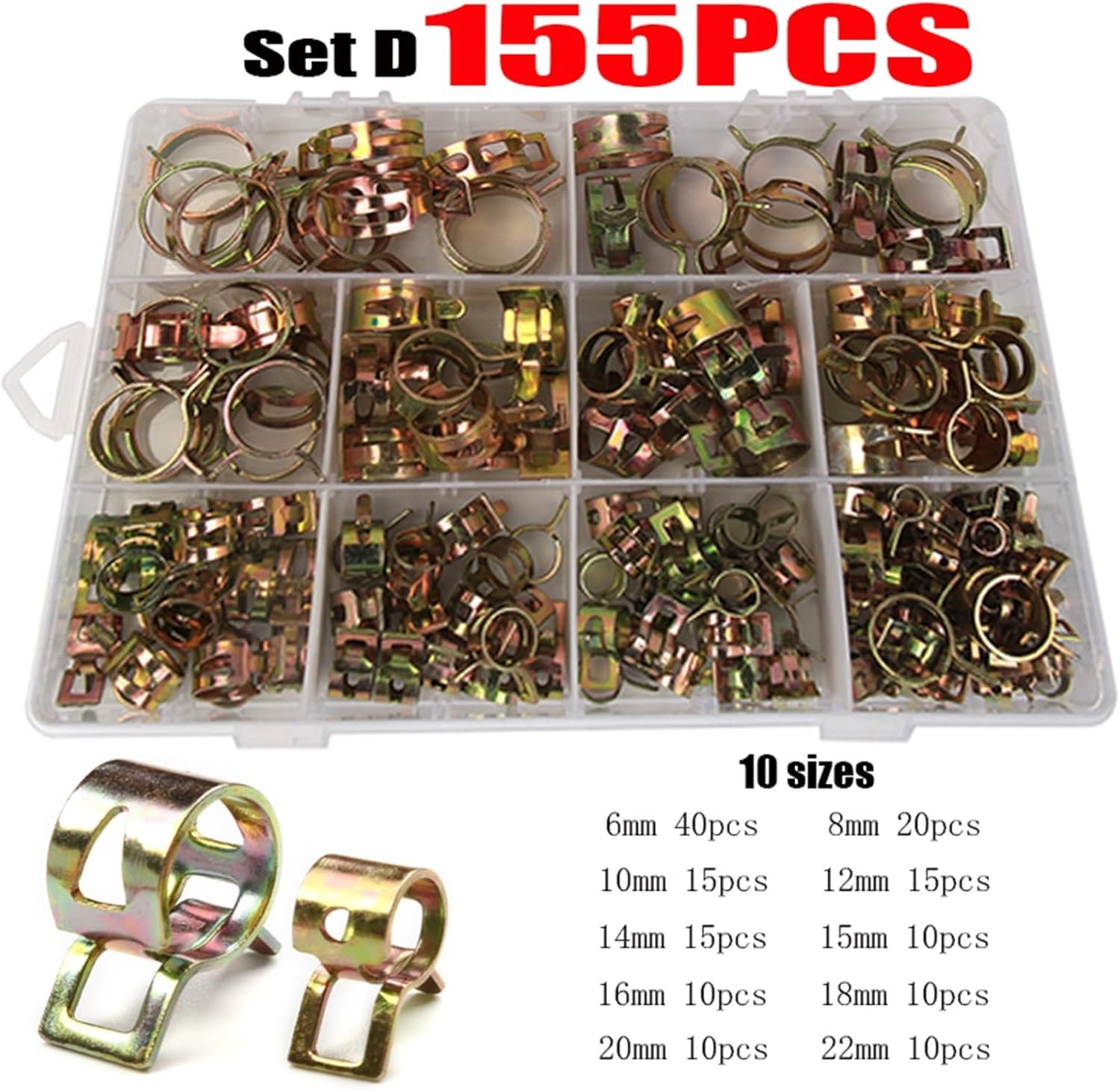 75/100/155PCS 6/8/10/12/14/15/16/18/20/22mm Car & Truck Spring Clips Fuel Oil Water Hose Clip Pipe Tube Clamp Fastener Spring Hose Clamps (Size : 155pcs 6-22mm)