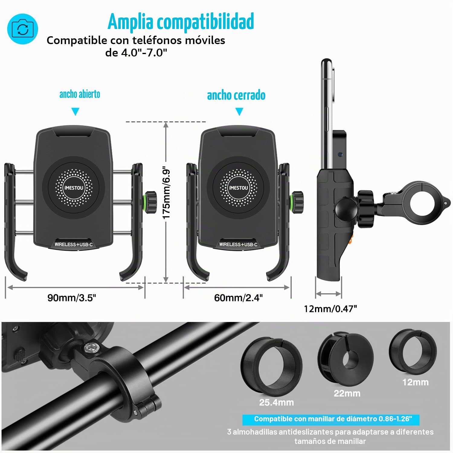 iMESTOU Cargador Inalámbrico para Motocicleta QC3.0 USB C Manillar Soporte para teléfono Funciona con Motocicletas de 12/24 V o Enchufando a USB A Socket para Teléfonos Móviles de 4 a 7 Pulgadas