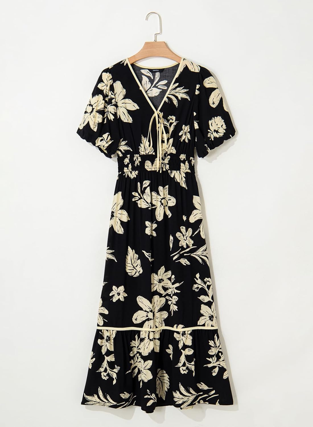 Dokotoo Womens Tie Front V-Neck Empire Waist Dress Summer Short Sleeve Smocked Wedding Guest Dress Floral Maxi Dresses - Image 4