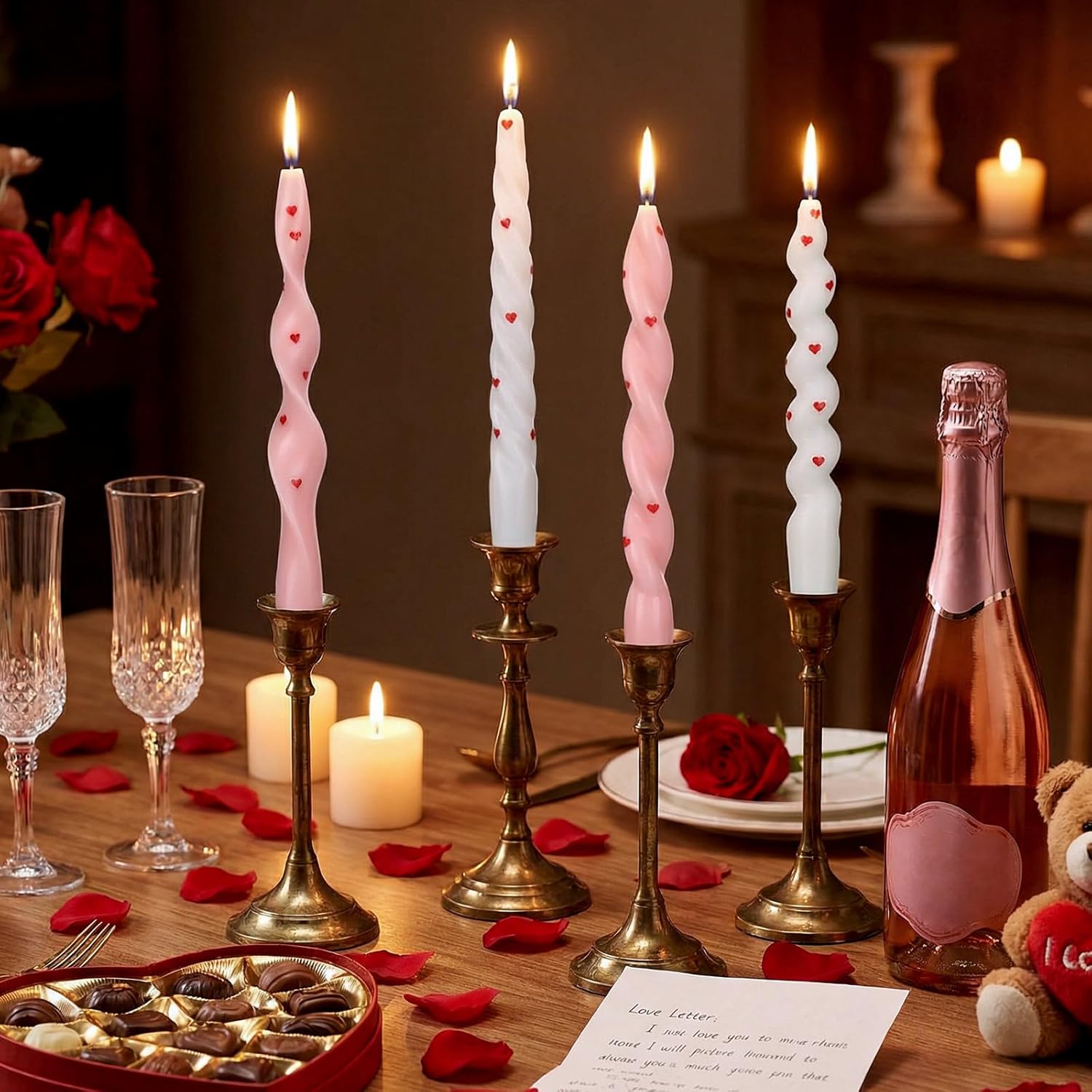 Nuanchu 4 Pcs Twisted Taper Candles Wax Unscented Smokeless Spiral Swirl Candlesticks for Wedding Holiday Dinner Party Home Decorations(7.87 Inch,Heart,Pink White)