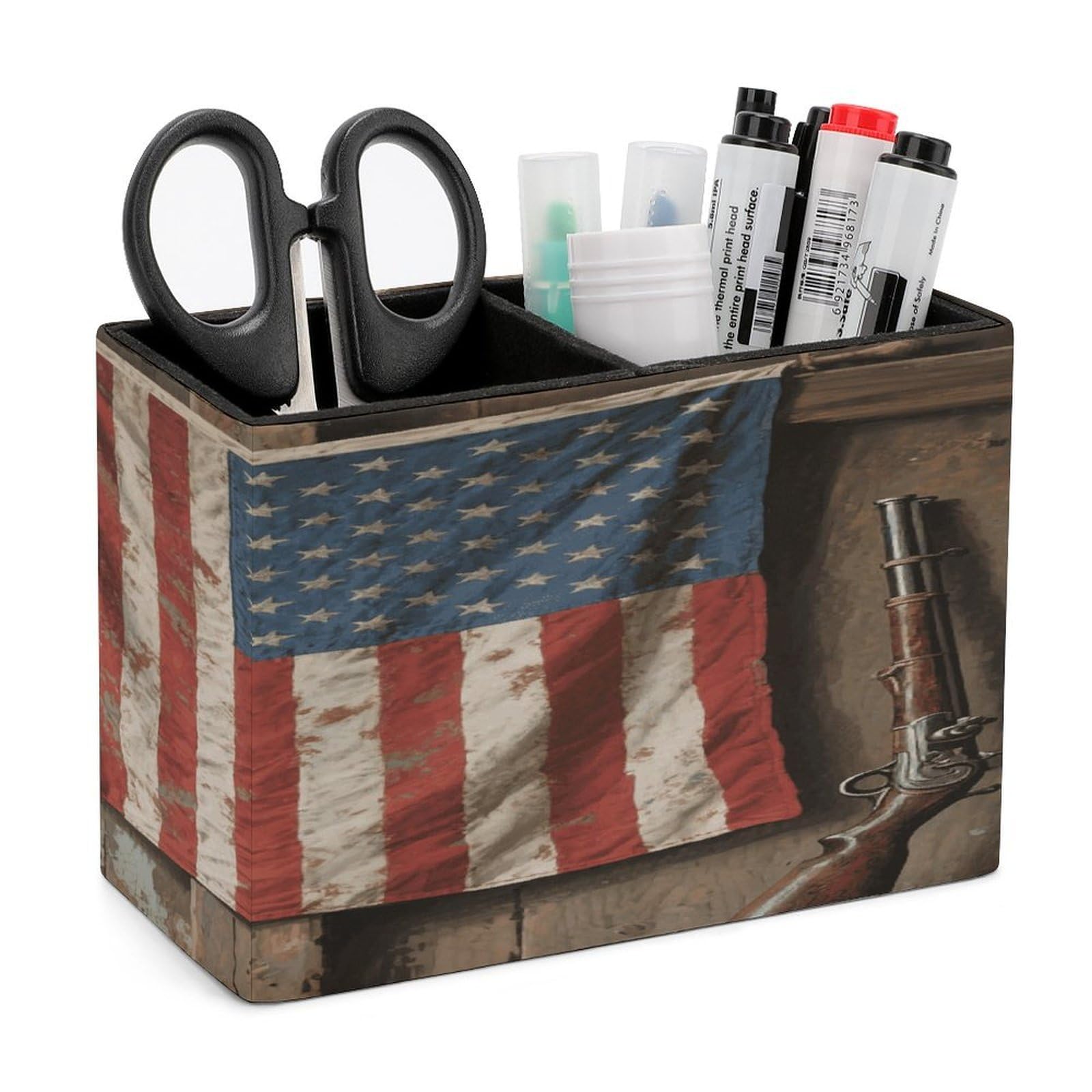 VstaDank Rustic American Flag Pen Holder Double Compartments Pen Cup Fashion Makeup Brush Holders Leather Pencil Holder for Work Locker Accessories Modern Pencil Cup for Desk Organizer