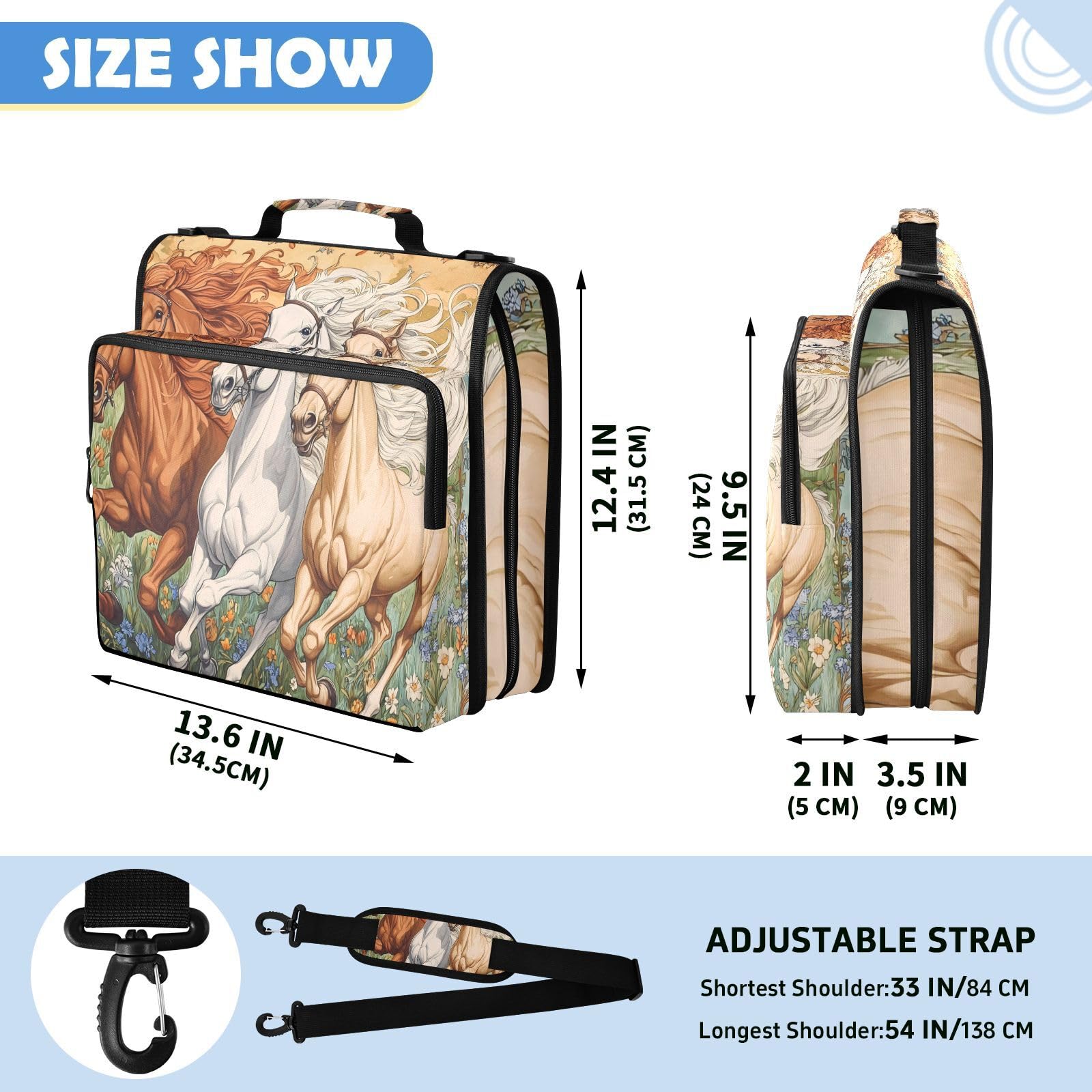 Horse Run Colorful Art Zipper 3 Ring Raccoglitore Bag