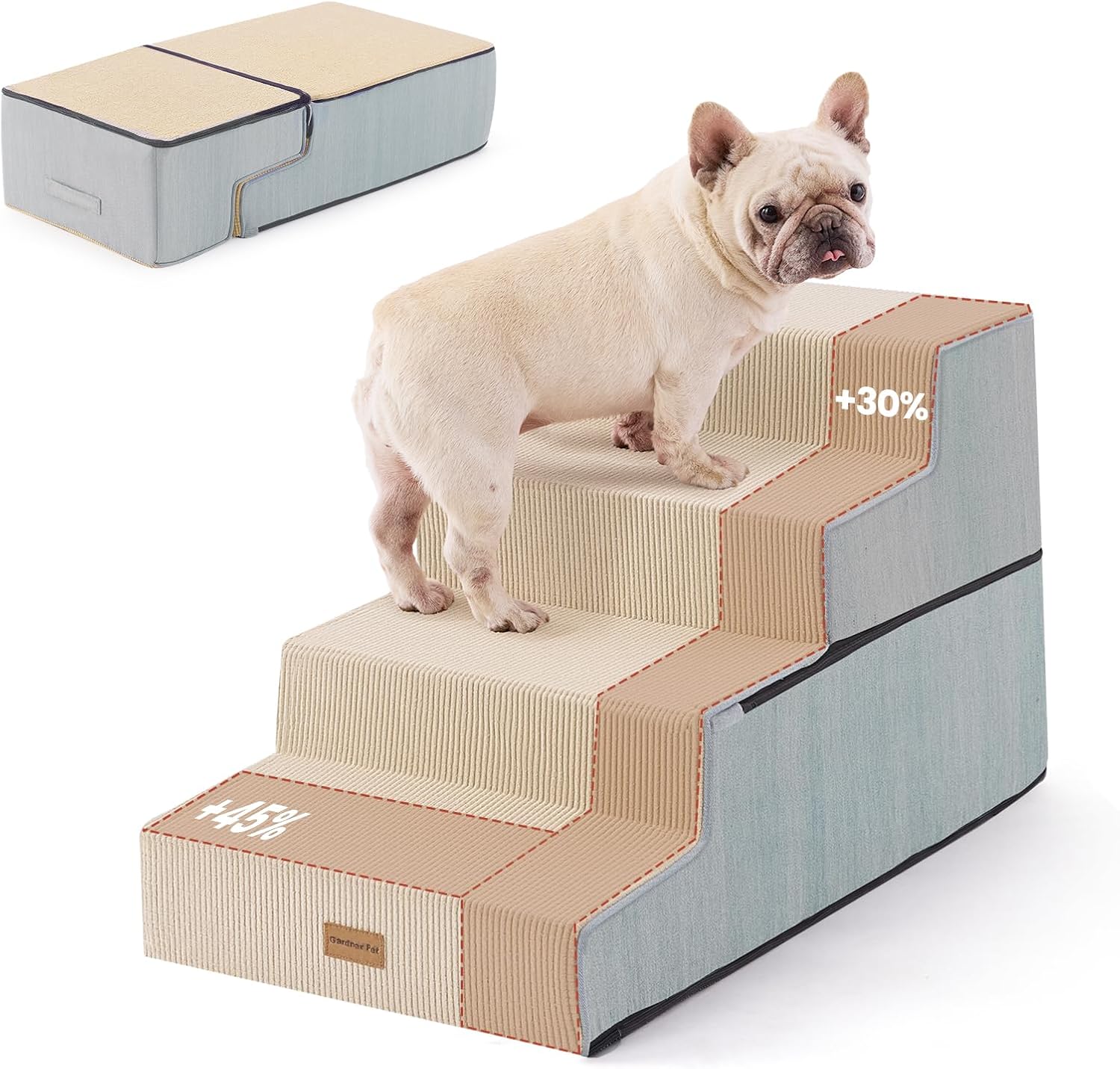 Gardner Pet Dog Stairs for Small Dogs 18.5″ H, 4-Step Extra Wide Dog Steps for Bed, Pet Stairs for Bed and Couch with Durable Non-Slip Waterproof Fabric Cover and Soft Foam, Beige