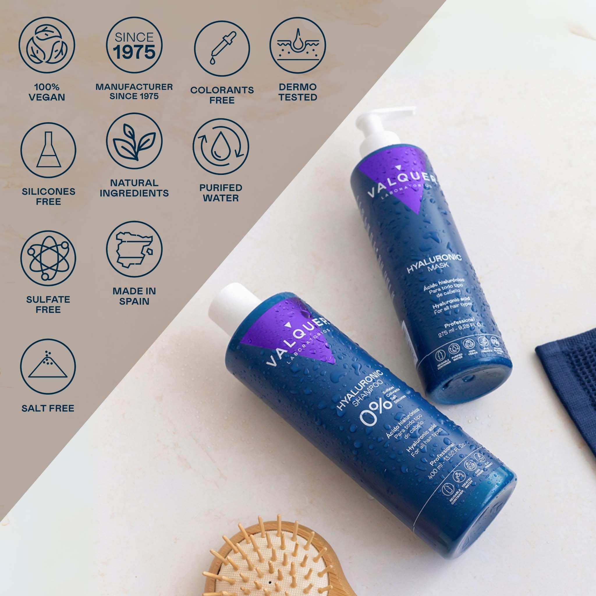 VALQUER Hyaluronsäure Set | Shampoo und Haarmaske Zero | 1 L + 975 ml | Spendet Feuchtigkeit, repariert und schützt trockenes und geschädigtes Haar | Mit Keratin und Aloe Vera