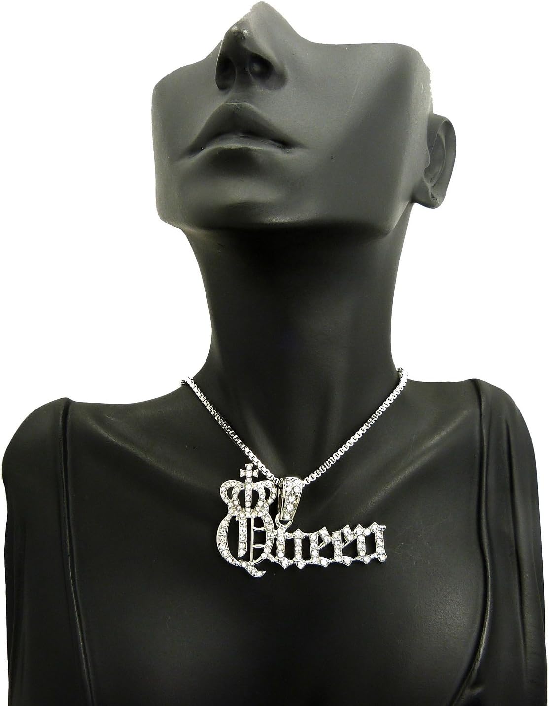 Fashion 21 Women's Statement Rhinestone Filled Queen Pendant 18",20",24" Chain Necklace in Gold, Silver Tone (Silver / 2mm 24" Box Chain)
