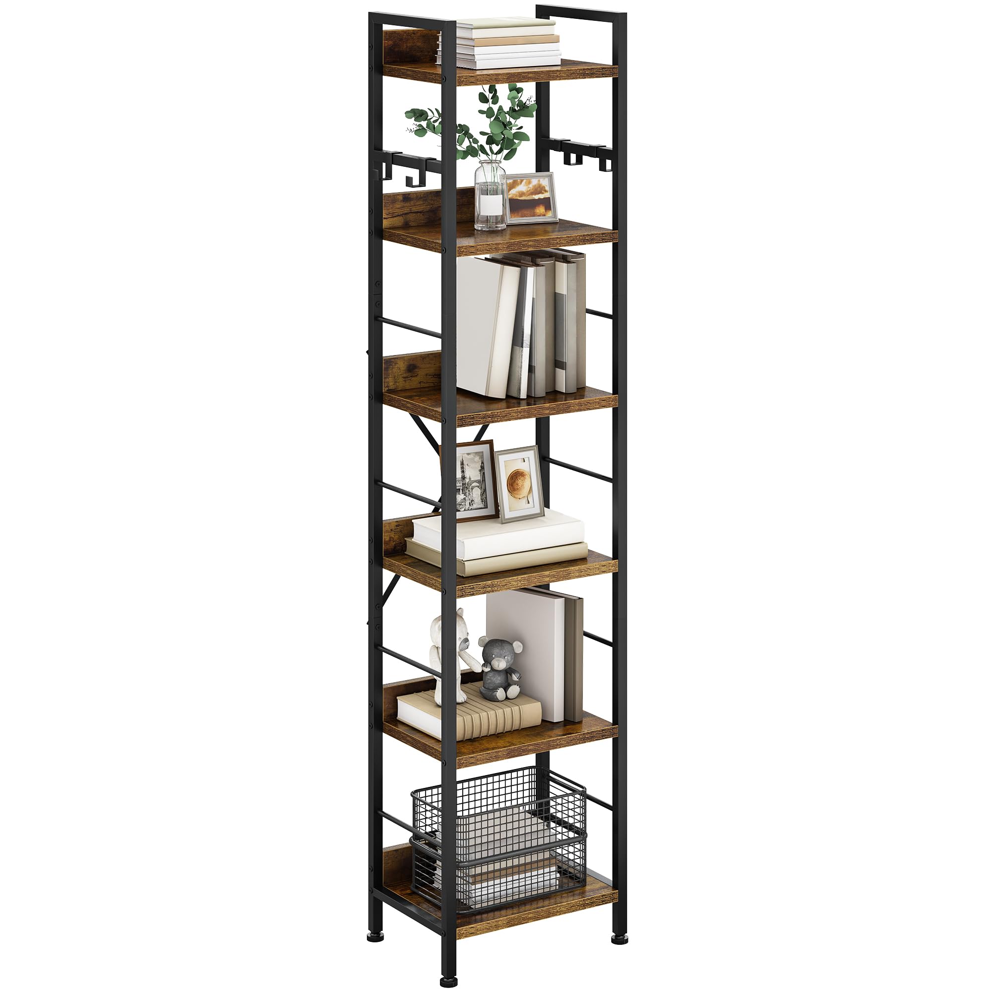 YITAHOME Libreria a 6 Ripiani, Scaffale da Pavimento con 4 Ganci, Ripiano in Legno e Struttura in Metallo Scaffale per Libri Industriale Scaffale Alto per Soggiorno, Ufficio in Casa, Marrone Rustico