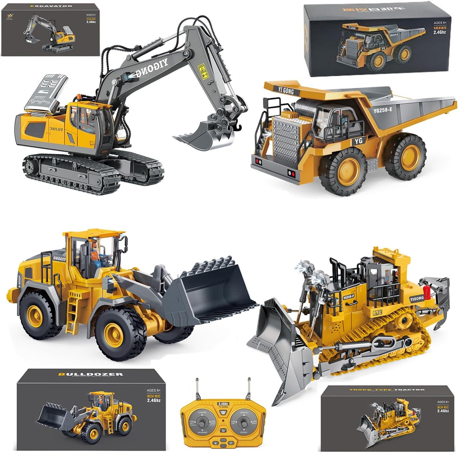 Excavator Set，rc Dump Truck Command The Site Conquer The Dir，2.4Ghz Remote Control Construction Vehicle Set Children's Toys，Alloy Material Simulate True Scale (4-Piece Set)