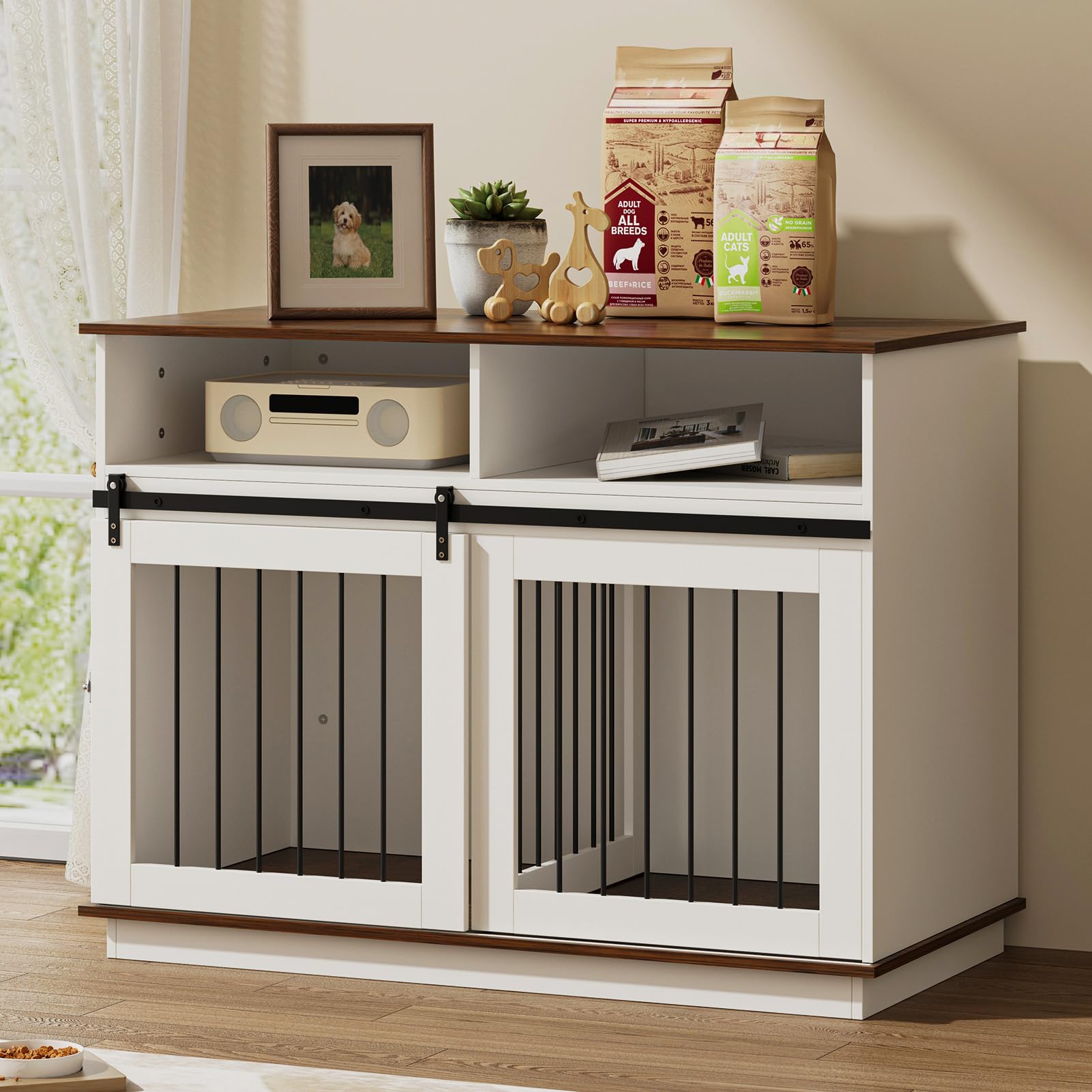 The Fellie Dog Crate Furniture, Heavy Duty Wooden Dog Crate with Barn Door, Indoor Kennel with Drawer Storage, End Side Table Pet Kennel for Large Dogs, Pet Crate Cabinet, 120x60x90cm, White