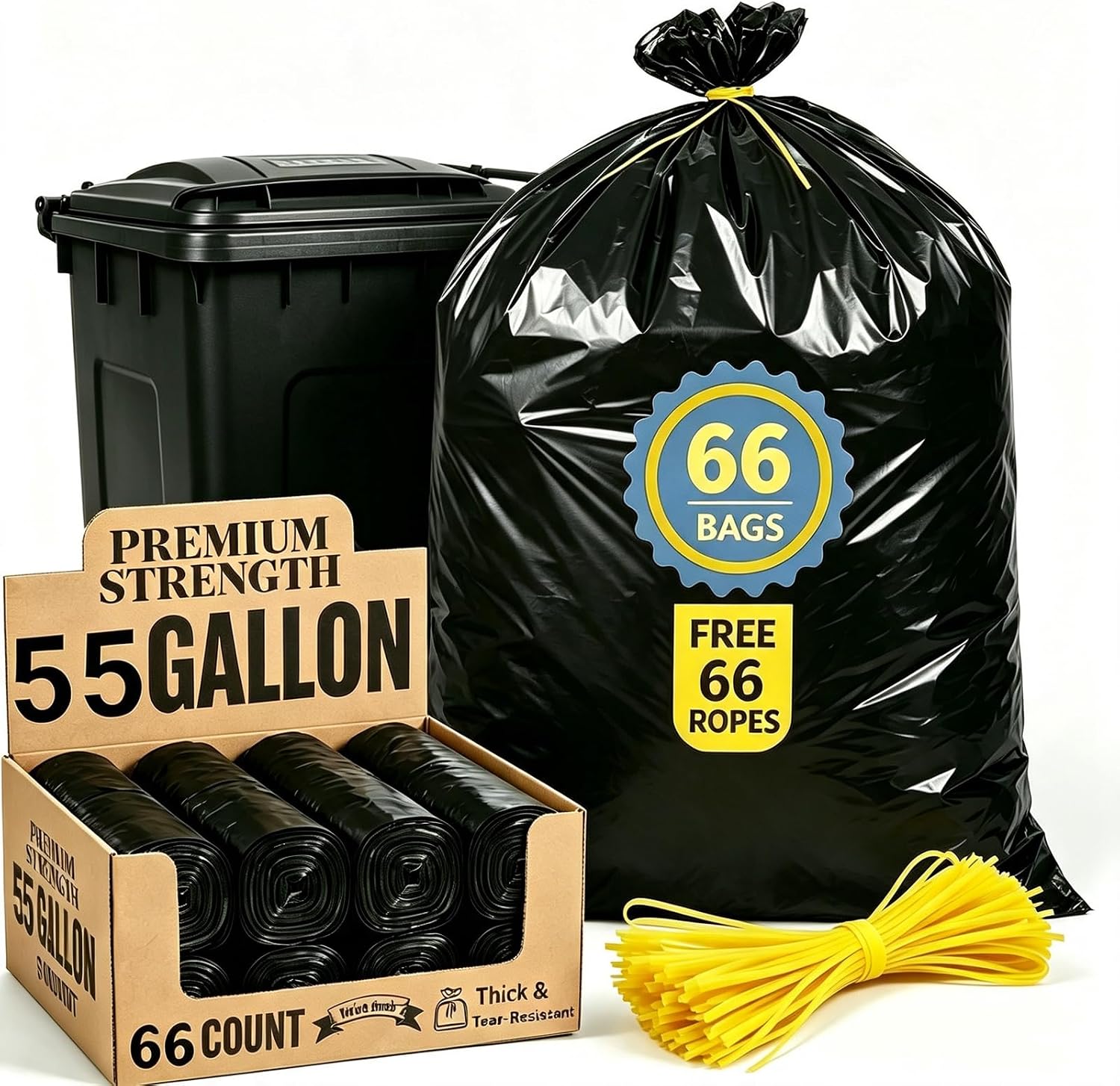 55 Gallon Trash Bags, Heavy Duty Garbage Bags 66 Count 2.0 Mil Extra Thick