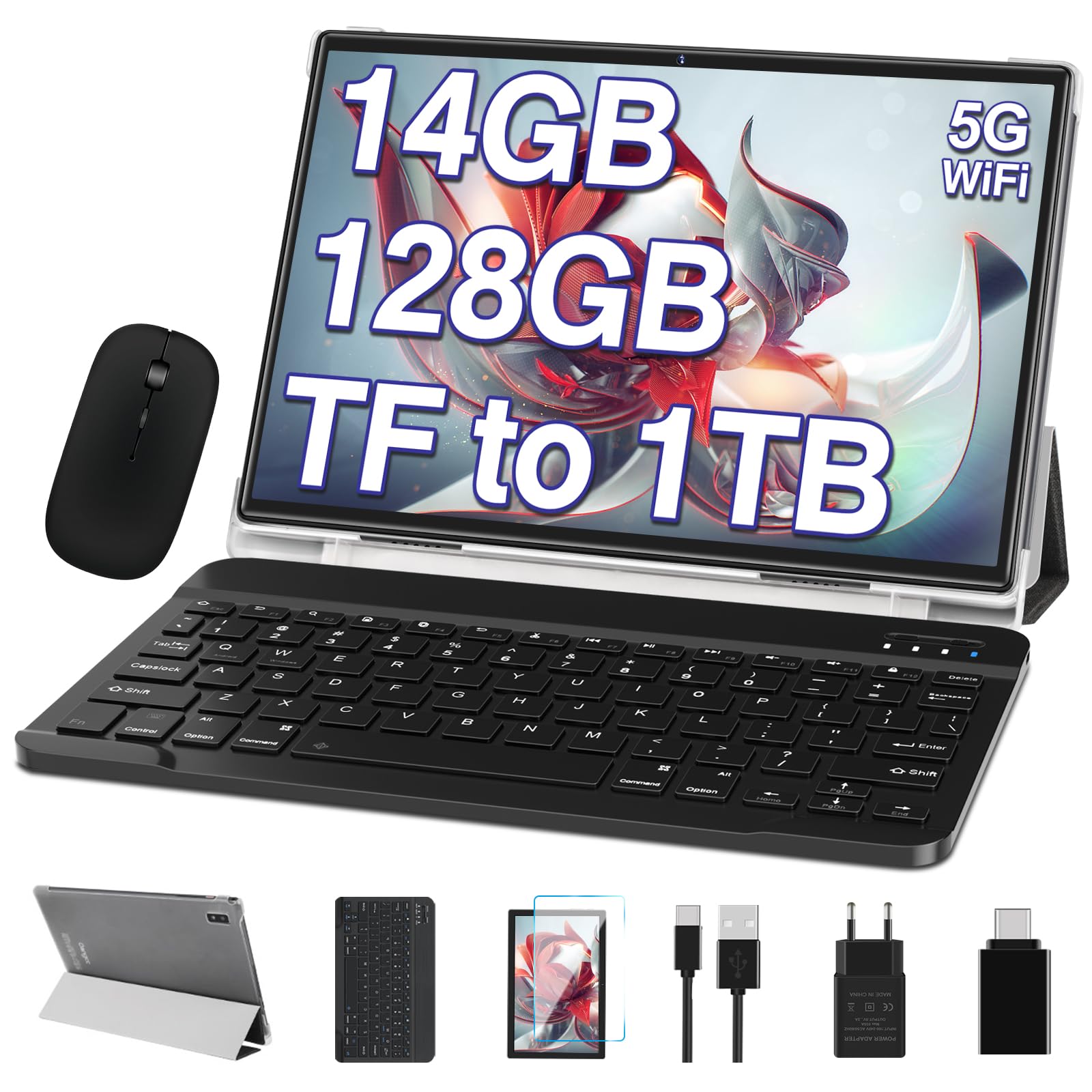 2026 Android Tablette Tactile 10 Pouces 14Go RAM+128Go ROM (TF 2TB), FHD Tablettes avec 5G WiFi, 8 Cœurs, 2.0 GHz, Widget, 8000mAh, BT 5.0, 5+8MP, Tablette avec Clavier et Souris - Gris