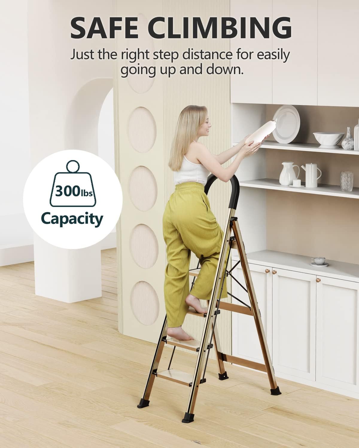 WOA WOA 5 Step Ladder Folding with Anti-Slip Wide Sturdy Pedal, Folding Ladder with Convenient Handgrip, Portable Lightweight Aluminum Stepladder for Home, Office, Library - Gold