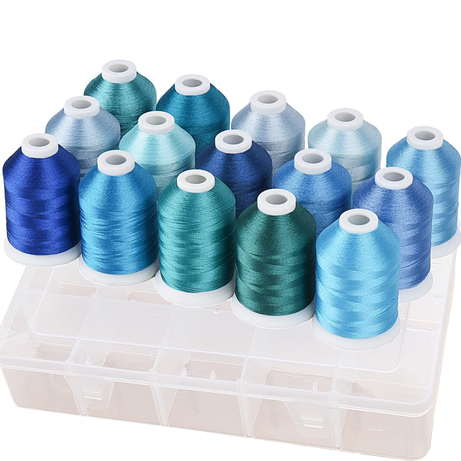 Simthread Polyester Machine Embroidery Thread 1000M with Storage Box 15 Colours Set for Embroidery Quilting Machine - Blue