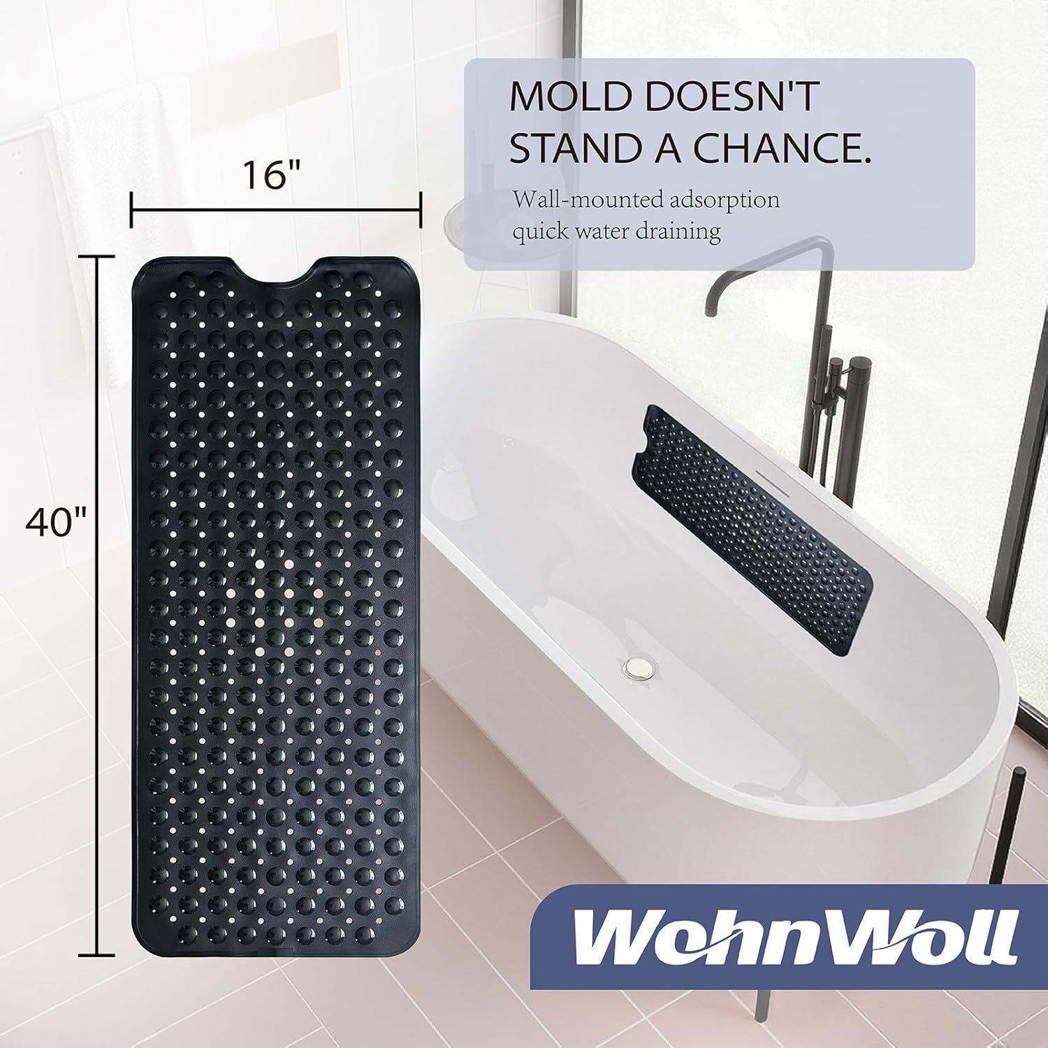 Non-Slip Bath Tub Mat, Extra Large 40x16 Inch Shower Mat with Suction Cups & Drain Holes, Quick Dry Soft Mat for Bathroom Floor Safety, Bubble Style, Black