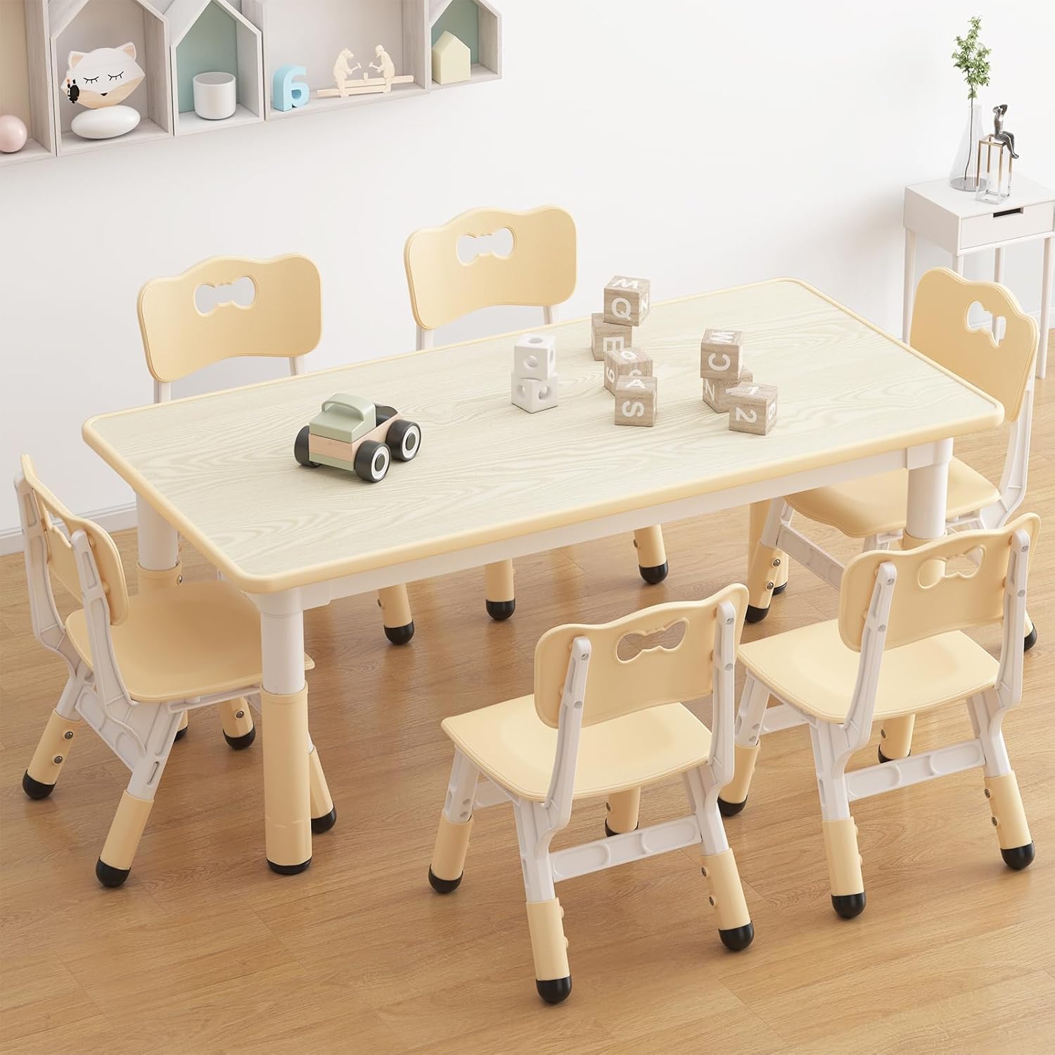 GarveeHome Kids Table and 6 Chairs Set, Height Adjustable Toddler Table and Chair Set, Graffiti Desktop, Children Study Play Dinner Table for Home Daycare Preschool for Ages 2-8, Beige
