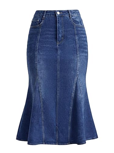 CIMUK Women's Fishtail Midi Denim Skirt | High Waist, Slim Fit, Fit and Flare Silhouette, Below Knee Length, Ruffle Hem Jean Skirts, Cowgirl Outfit - X-Large - Deep Blue