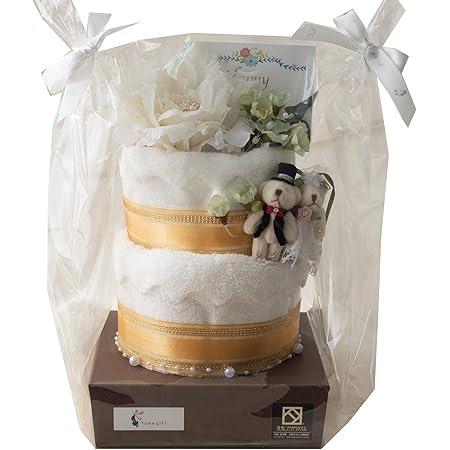 Amazon ユメギフト 泉州タオルケーキ 2段 ブライダル ベア ギフト ナチュラル ハンドメイド 日本製 Happy Wedding カード付 シャンパンゴールド タオルセット ホーム キッチン オンライン通販