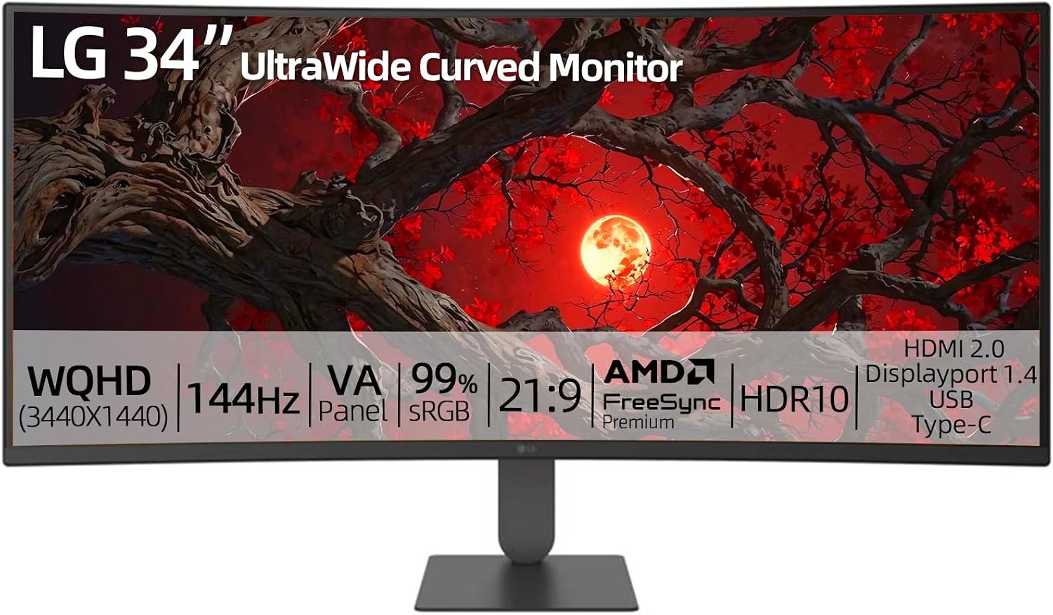 LG 34" UltraWide Curved Monitor, WQHD (3440 x 1440) VA Display, 144Hz, 4000:1, AMD FreeSync, HDR10, Built-in KVM Switch, sRGB 99%, HDMI, Display Port, USB Type-C, Height/Tilt Adjustable Stand