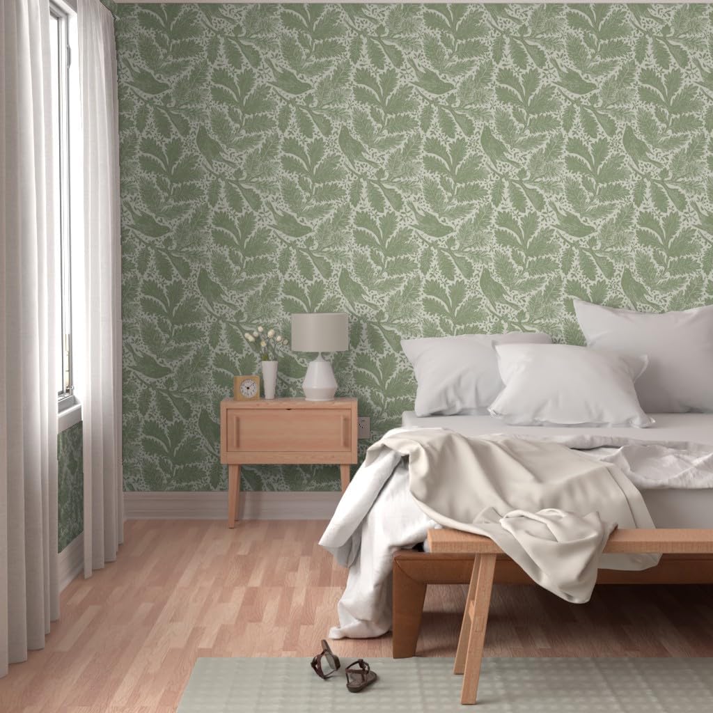 Removable Wallpaper 3ft x 2ft - Sage Floral,Grandmillennial,Songbirds,Arts and Crafts,French Style,English Garden,Statement Floral Custom Pre-Pasted Wallpaper by Spoonflower