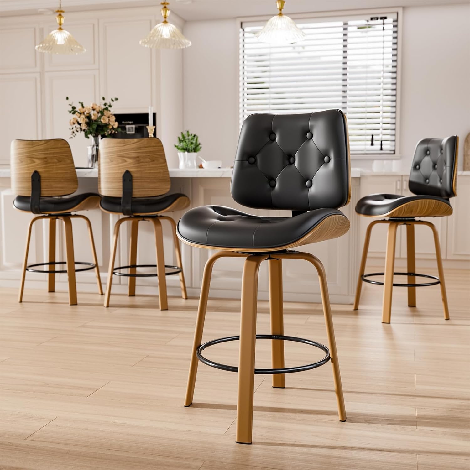 HomeZeer Black Bar Stools Set of 4, 26 Inch Counter Height Stools for Kitchen Island, Swivel Barstools with Bentwood Back and Metal Legs, Button Tufted Leather