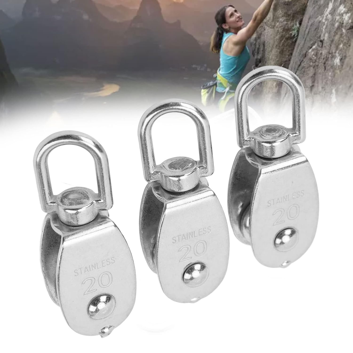 3PCS M20 Wire Rope Crane Pulley Block, 360° Rotating Stainless Steel Single Pulley Block Hanging Heavy Duty Wire Towing Wheel Single Wheel Rigging for Camping Hiking,75kg