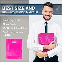 Vista 3 de Pink Merchandise - Bolsas de plástico para compras, paquete de 100 unidades de 9 x 12 pulgadas con 1.5 mil de grosor, asas troqueladas, perfectas