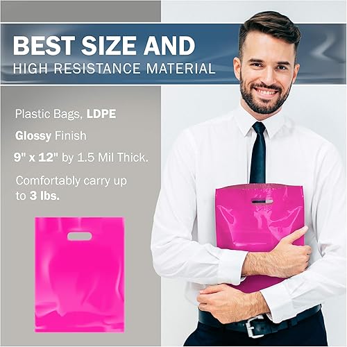 Miniatura 3 de Pink Merchandise - Bolsas de plástico para compras, paquete de 200 unidades de 9 x 12 pulgadas con 1.5 mil de grosor, asas troqueladas, perfectas