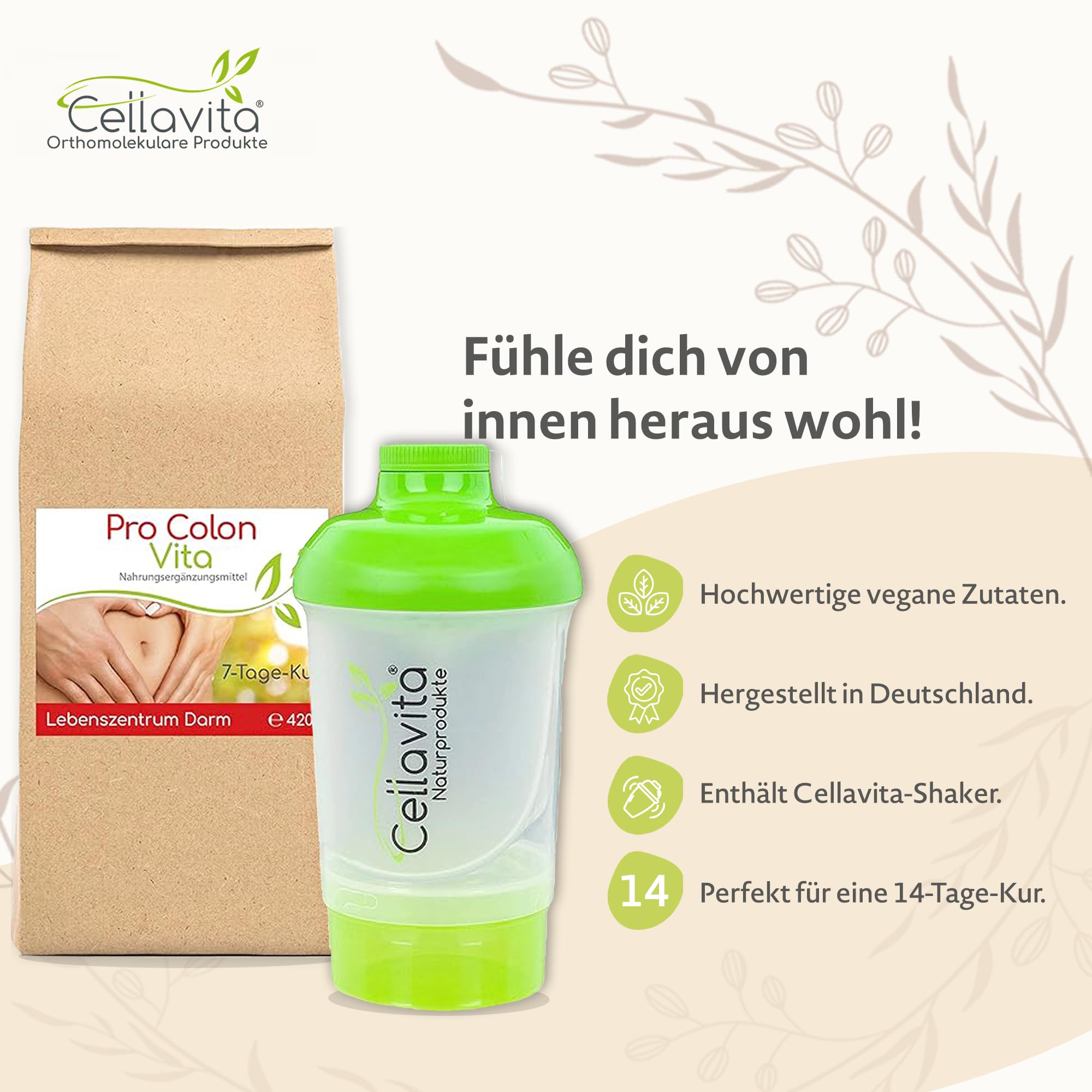 Cellavita Pro Colon Vita "Lebenszentrum Darm" Kur | inkl. Shaker | Flohsamenschalen, Erbsenprotein, Cassia-Fistulapulver uvm. | hochdosiert & VEGAN | 2-Wochen Kur 2x 420g Pulver (840g)