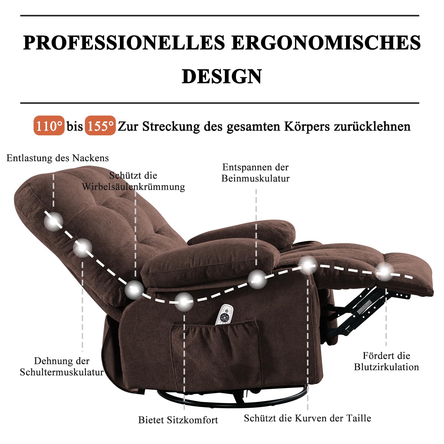 Bosmiller Relaxsessel mit Liegefunktion Elektrisch Fernsehsessel Oversize 360° Drehbarer Liegesessel mit Wärmefunktion Heizung Verstellbar Sessel Stoff TV-Sessel für Wohnzimmer, Braun