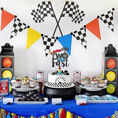 Vista 4 de Decoración rápida para pastel de auto de carreras, decoración de pastel de 2º cumpleaños para auto de carreras, bandera a cuadros, semáforo