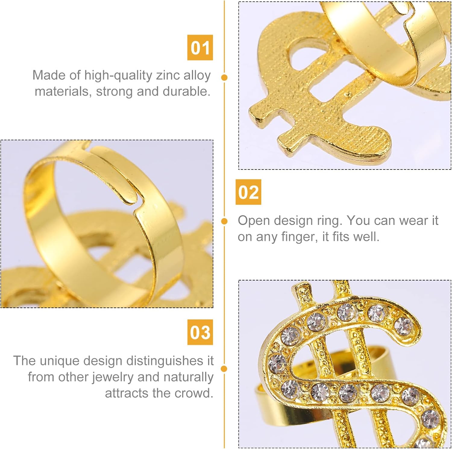 NUOBESTY 3pcs Dollar Sign Ring Hip Hop Dollar Symbol Ring Money Symbol Ring Jewelry for Rapper Punk Costume Props : Clothing, Shoes & Jewelry