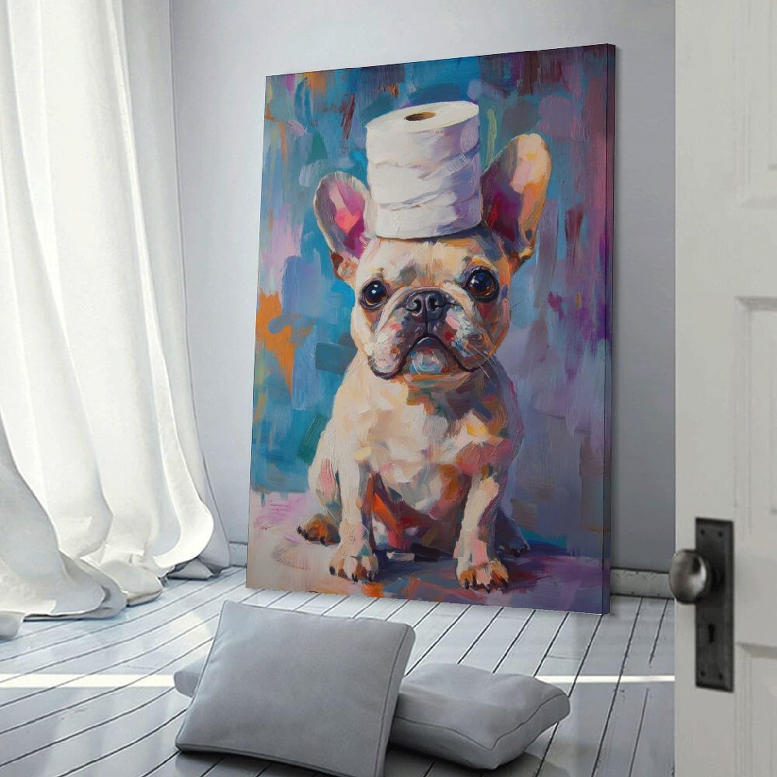 Junmoney Frame-Style-15 Hanging Wall Art French Bulldog With Toilet Paper Hat, 24X36inch(60X90cm), For Entryway, Lounge Links Or Small Walls, A Neat Decor Update For Hallways
