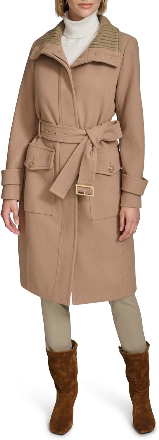 Andrew Marc womens Stand Collar Belted Wool Trench Coat With Soft Ribbed-knit Collar Detail - Image 7