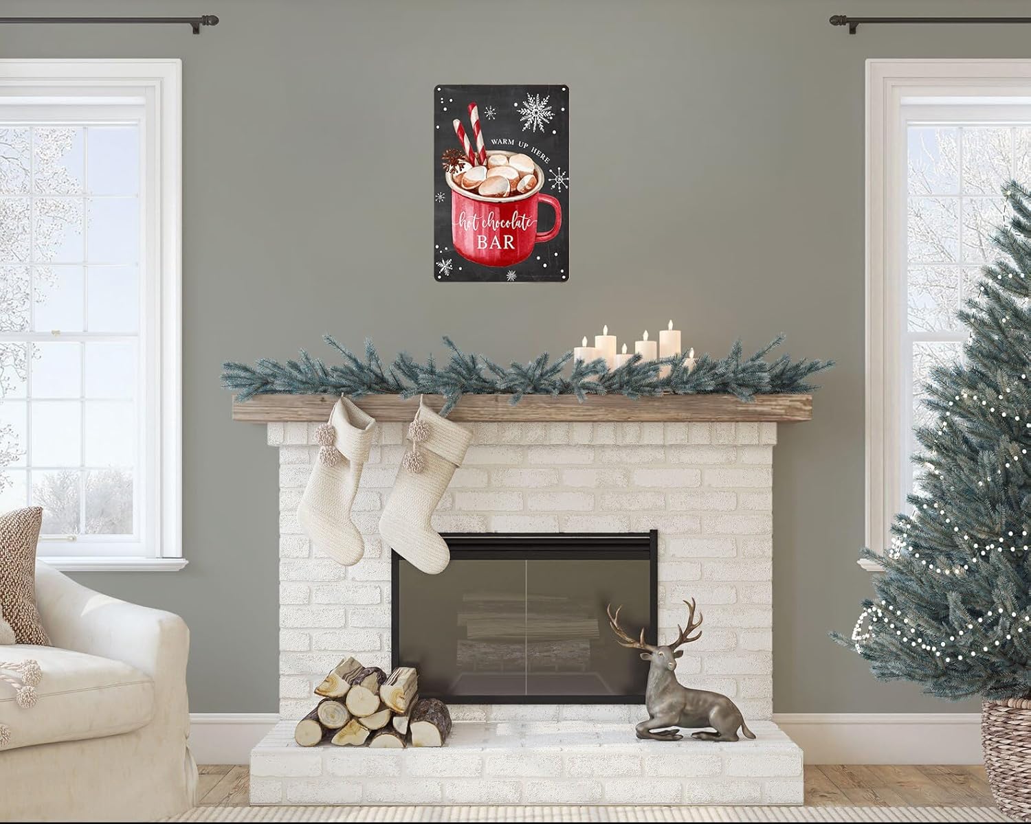 Joyline Vintage Christmas Decor Gifts Rustic Hot Chocolate Bar Warm Up Here Tin Sign for Home Farmhouse Kicthen Cafe Bar Wall Decor 8 x 12 inches (3235)
