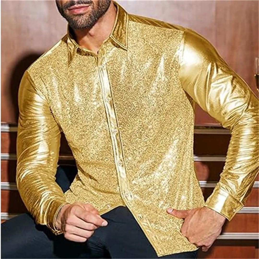Men's Sequin Dress Shirt Long Sleeve Button Down Fashion Stage Performance Nightclub Costume Top