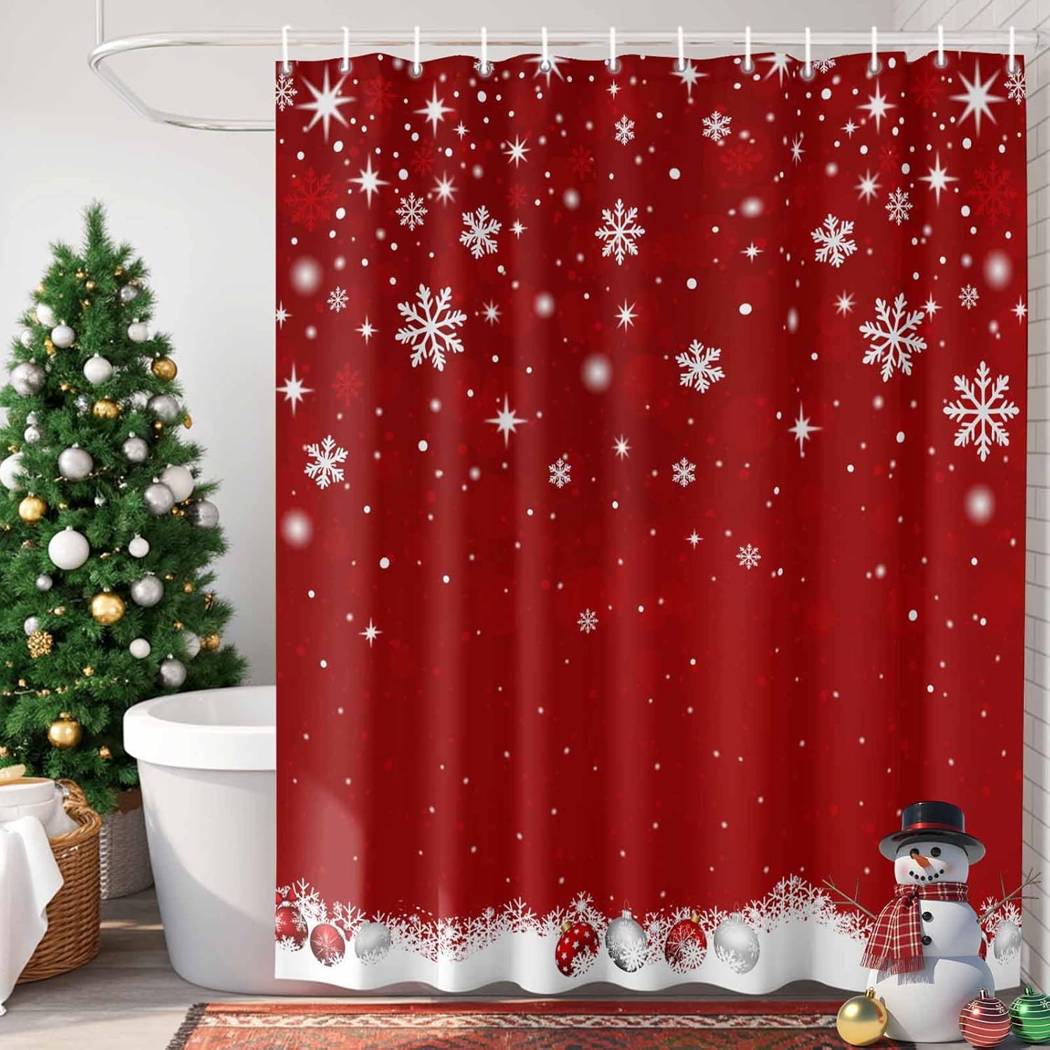 Red Christmas Shower Curtain, Snowflake Winter Stall Bathroom Curtains for Bathtub, Xmas Ball Waterproof Fabric Shower Curtain Set with 12 Hooks, Long 72" x 84"