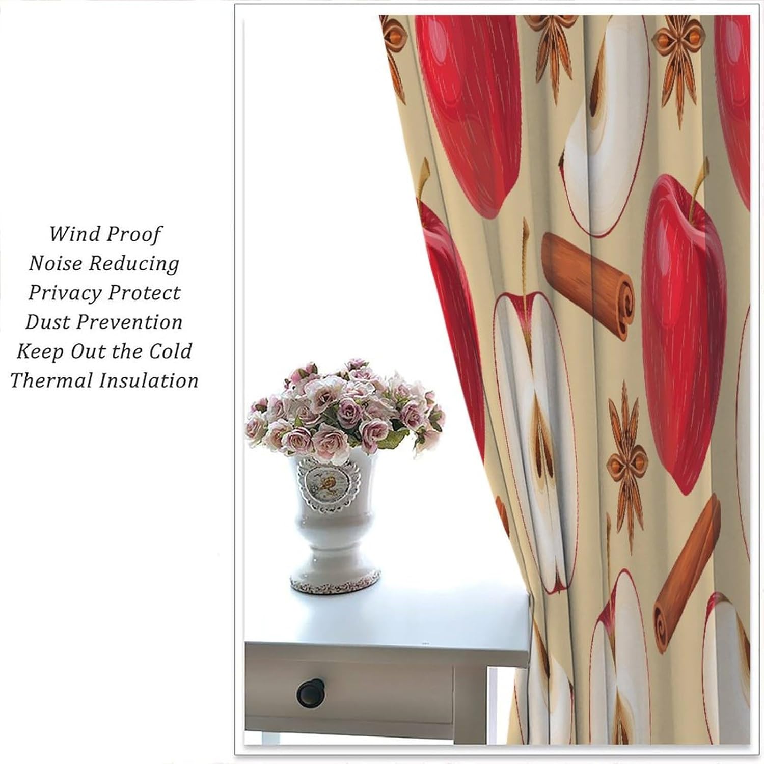 Vintage Fruit Curtains, Warm Pastoral Rustic Hand Drawn Beige Red Vivid Fresh Apples Spice Food Seamless Pattern Drapes, Blackout Rod Pocket Window Treatments for Living Room Bedroom Kitchen 42x45in