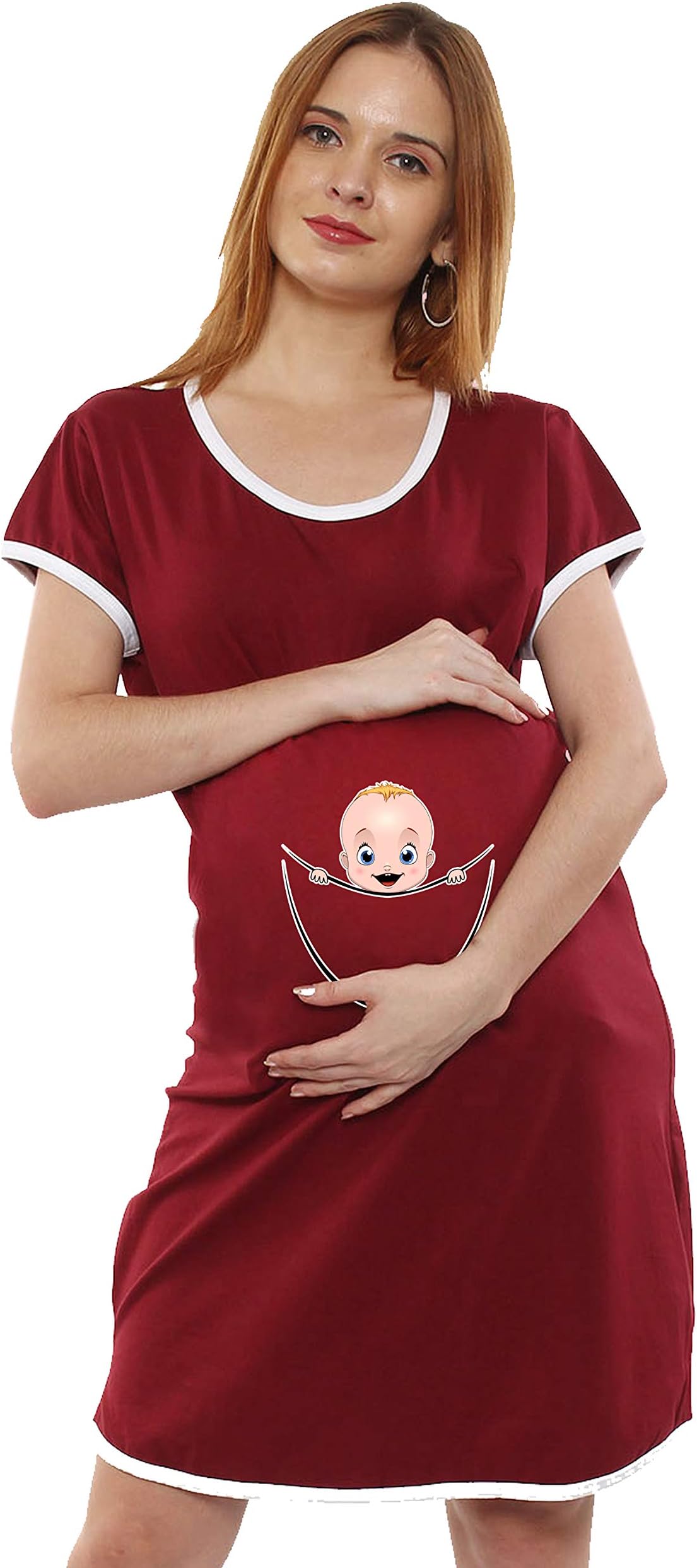 SILLYBOOM - 3.. 2.. 1.. Boom !!!Sillyboom Boy Peeking Graphic Print Maternity Tunic Top for Pregnant Women T-Shirt Women's Night Dress Nursing Top Tee Round Neck Half Sleeves for Pre and Post Pregnancy