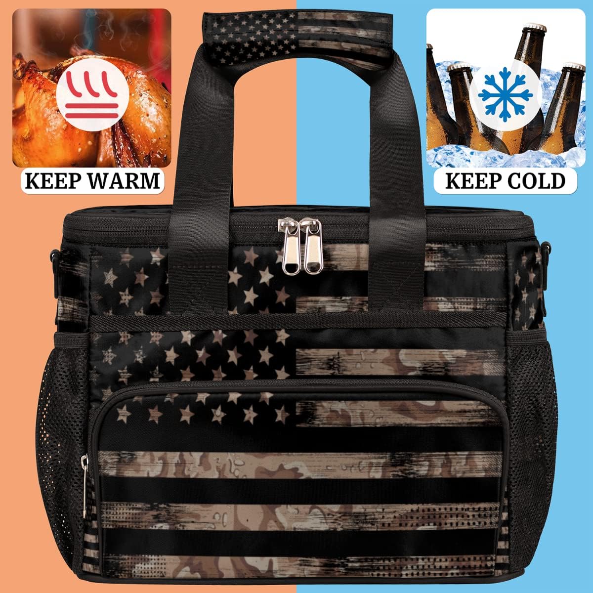 Insulated Cooler Lunch Bag USA American Flag Camouflage Lunch Box Leakproof Large Tote Bag Reusable for Women Men Picnic Travel (15L)