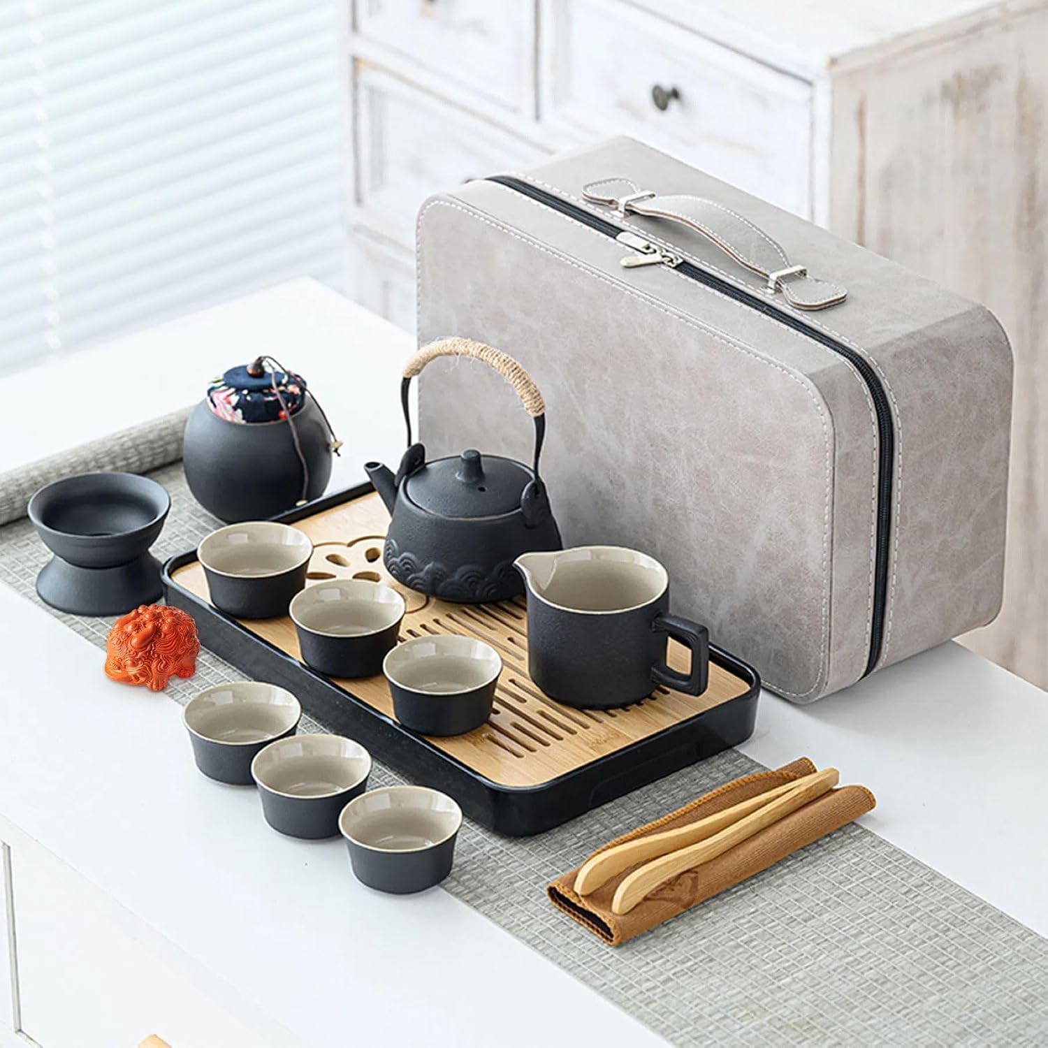 ICHAG Gongfu Tea Set Portable Ceramic Tea Set Asian Tea Set for Adults Tea Gift Sets Grey Leather Case Portable Travel Bag Home Gift Outdoor and Office
