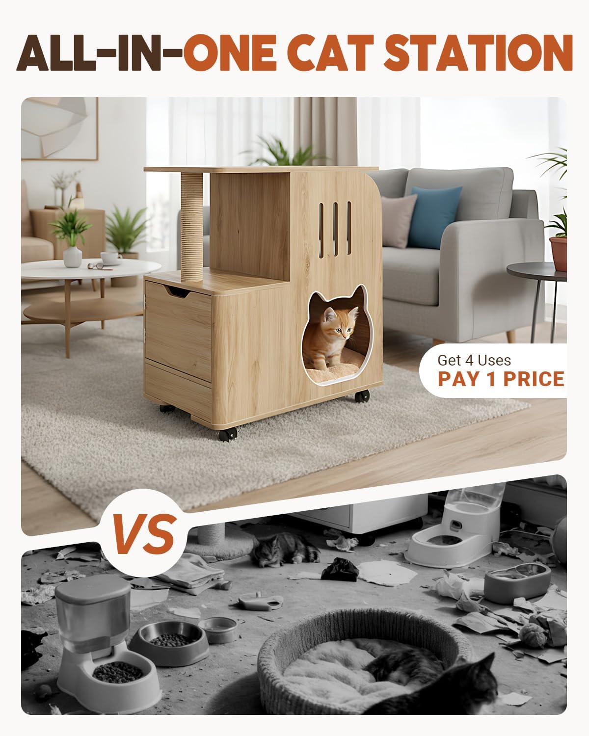 FIMELLO 25.6" Wx15.7 D x 28.5" H Cat Feeding Station, All-in-One Cat Food Table Cart with Moving Wheels, Scratcher End Table, Two Feeding Bowls
