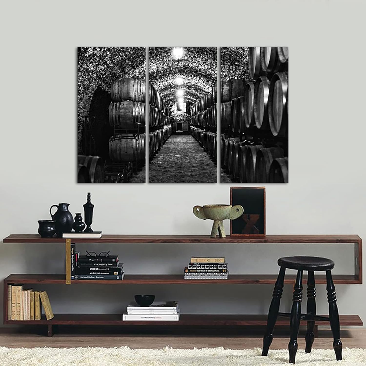 LevvArts Large 3 Piece Whiskey Cellar Canvas Wall Art Black and White Wooden Barrels Picture Painting for Modern Home Kichen Restaurant Decor Stretched and Framed Ready to Hang 16"x32"x3PCS