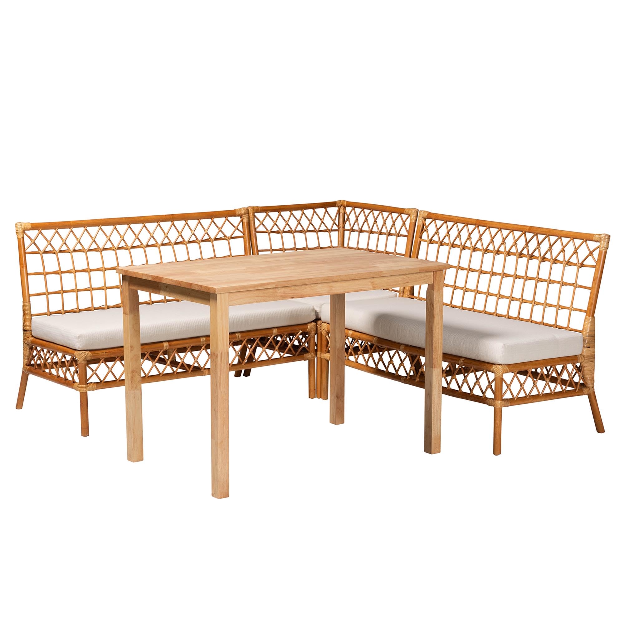 bali & pari Aina Modern Bohemian Light Honey Rattan 4-Piece Dining Nook Set with Leg Dining Table