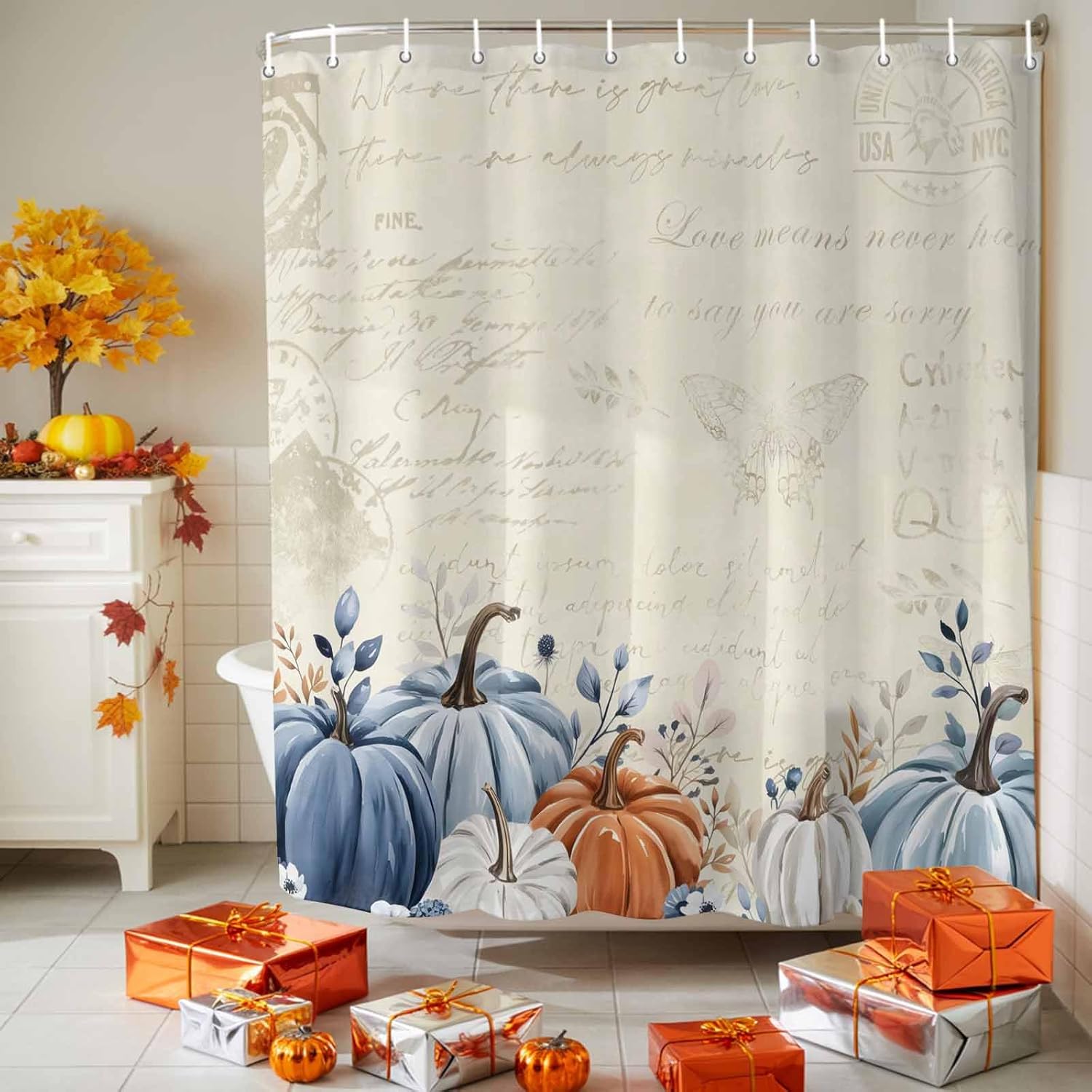 Shower Curtains for Bathroom-72x72in,Thanksgiving Pumpkin Plant Leaves Waterproof Bath Curtain Grommet Shower Curtain Set with Hooks,Fall Harvest Retro Letter Washable Bath Accessories