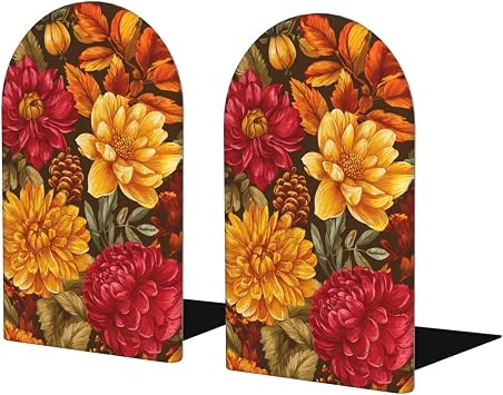 Yellow Orange Red Autumn Flowers Vintage Bookends for Shelves 2 Pcs Wooden Book Stopper Organizer for Home Office Libraries