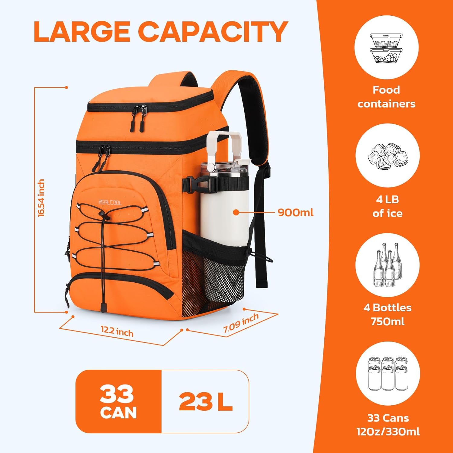 Realcool Backpack Cooler，33 Cans Insulated Leakproof Soft Cooler Bag Lightweight Camping Beach Lunch Backpack for Men Women